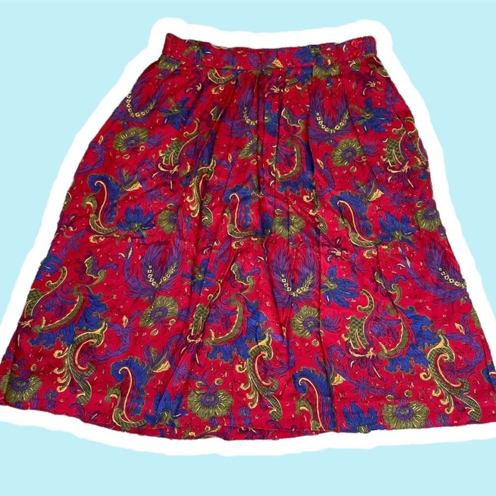Vintage Skirt Pleated Red Floral Paisley Funky 80s Bright Art Teacher Aesthetic